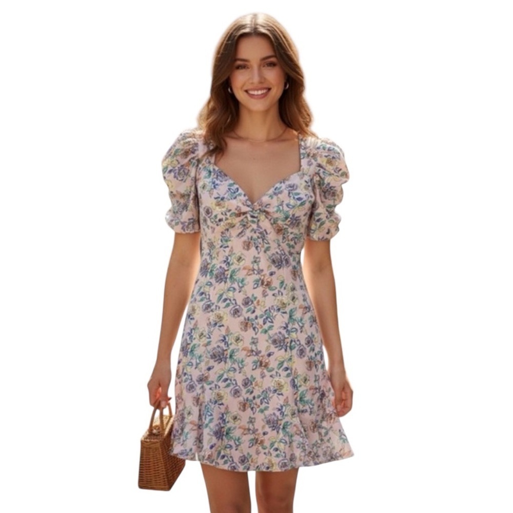 LIKELY Floral Puff Sleeve Mini Dress Pink Pastel Fit & Flare Size 10